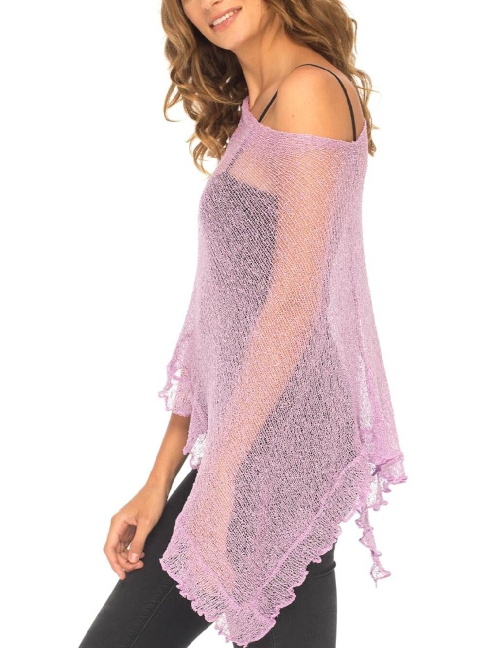 〽️Women’s Lavender Sheer Knit Poncho Shrug Lightweight Asymmetrical Ruffle Wraps